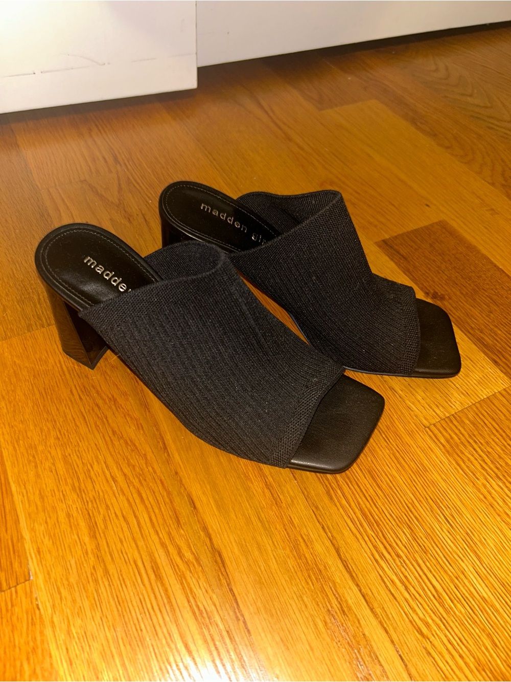 Madden Girl Black Ribbed Knit Square Toe Block Heel Mules